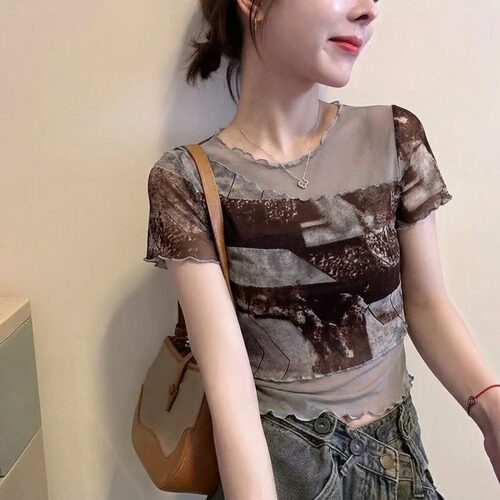 欧货设计感时尚印花短袖网纱上衣