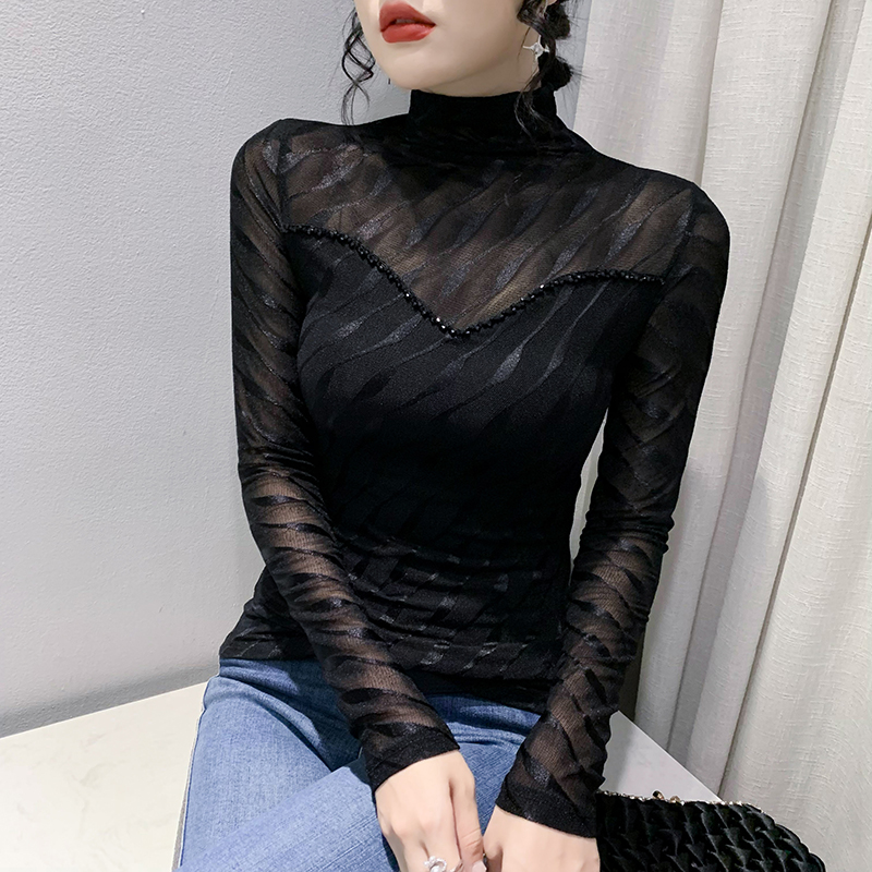 高领加绒打底衫女内搭秋冬欧货性感网纱上衣时尚钉珠长袖T恤小衫