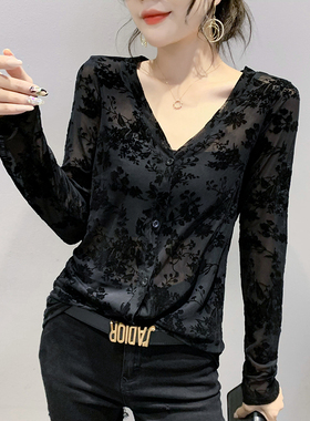 欧洲站2026秋装新款性感V领开衫T恤女长袖植绒上衣洋气显瘦打底衫