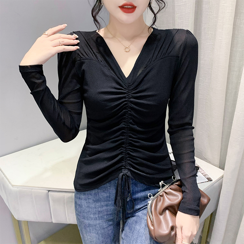 性感网纱打底衫长袖时尚抽绳上衣