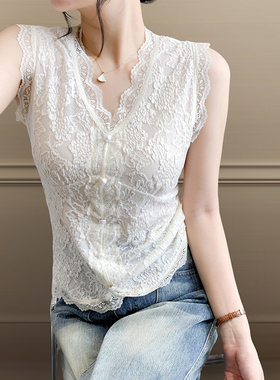 白色背心女2026夏季新款性感V领蕾丝外穿内搭无袖上衣洋气打底衫