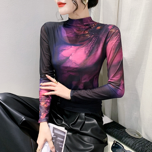 印花网纱上衣洋气紧身内搭打底衫 加绒高领长袖 T恤女秋冬欧货时尚