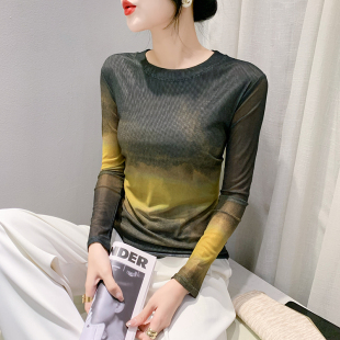 显瘦圆领打底衫 2026秋冬新款 洋气上衣修身 印花网纱T恤女长袖 时尚