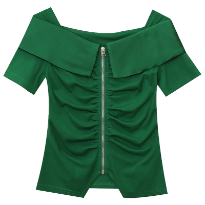 欧货一字肩短袖设计感荷叶边上衣