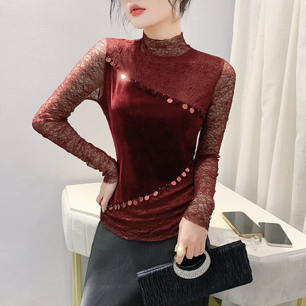 半高领打底衫女内搭秋冬欧货设计感蕾丝拼接上衣修身显瘦长袖t恤