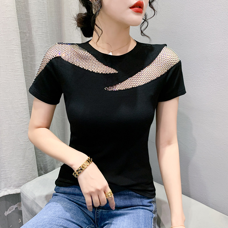 性感镂空t恤女短袖夏装欧货重工烫钻上衣洋气百搭半袖体恤小衫潮