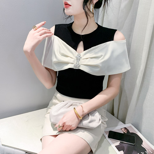 性感露肩短袖设计感蝴蝶结上衣女
