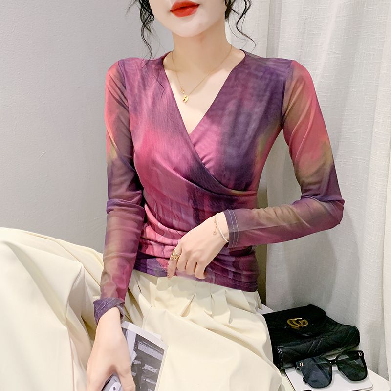 性感交叉网纱打底衫长袖洋气上衣