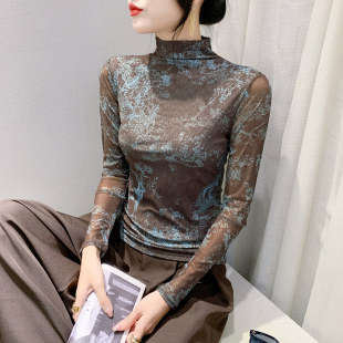 紧身内搭上衣网纱小衫 高领打底衫 洋气印花T恤长袖 时尚 女秋冬新款