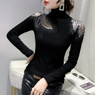 T恤修身 烫钻性感镂空长袖 内搭上衣 女秋冬洋气时尚 高领加绒打底衫