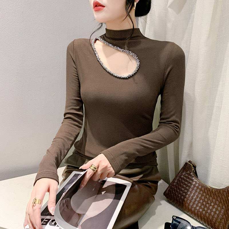 磨毛打底衫女秋冬时尚钉珠性感镂空上衣洋气半高领内搭长袖T恤女