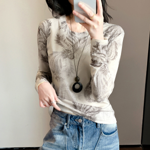 t恤洋气小衫 内搭长袖 女秋冬欧货扎染印花网纱上衣修身 圆领打底衫