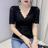 新款 显瘦小衫 黑色性感V领蕾丝衫 欧货洋气上衣修身 女短袖 2026夏季