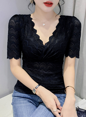 2026夏季新款黑色性感V领蕾丝衫女短袖欧货洋气上衣修身显瘦小衫