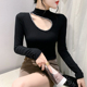半高领打底衫 女秋冬欧货黑色性感镂空钉珠上衣紧身内搭长袖 T恤潮