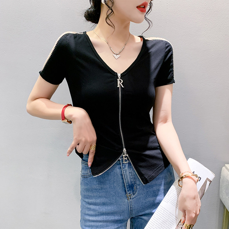 性感v领t恤女短袖夏装新款欧货时尚拉链上衣修身百搭半袖体恤小衫
