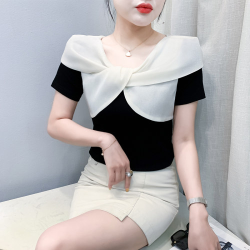 欧货性感交叉短袖设计感扭结上衣