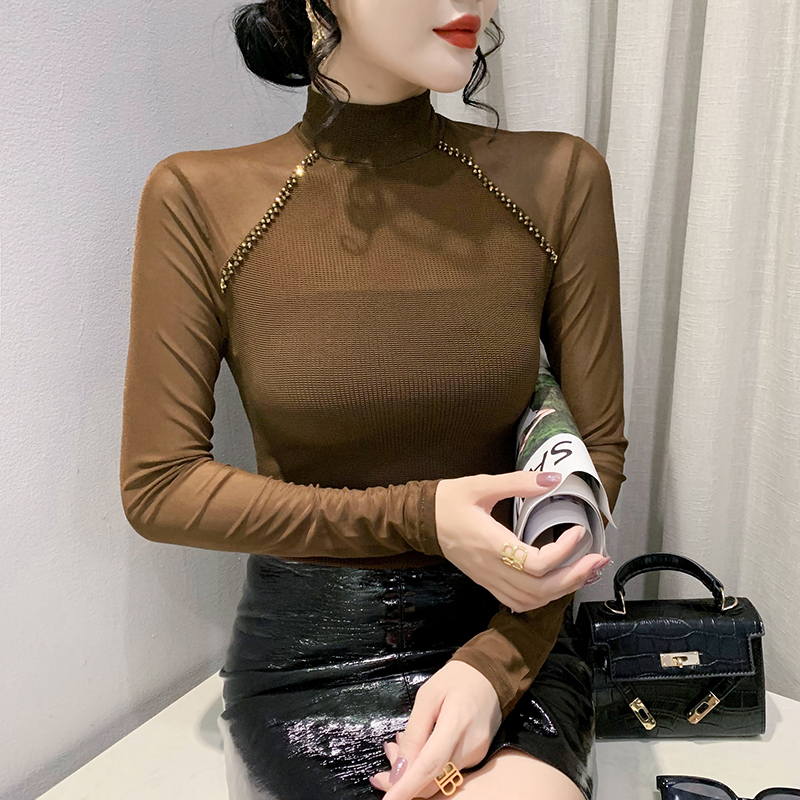 性感网纱打底衫长袖时尚钉珠上衣