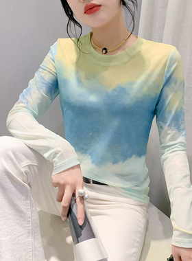 欧货打底衫女2026秋装新款设计感扎染网纱上衣修身显瘦长袖T恤潮