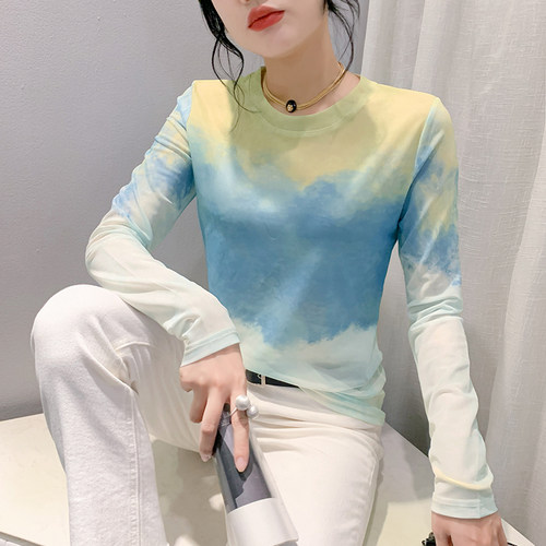 欧货扎染网纱打底衫长袖洋气上衣