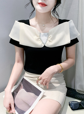 时尚性感方领T恤女短袖欧货设计感蝴蝶结上衣洋气百搭半袖小衫夏
