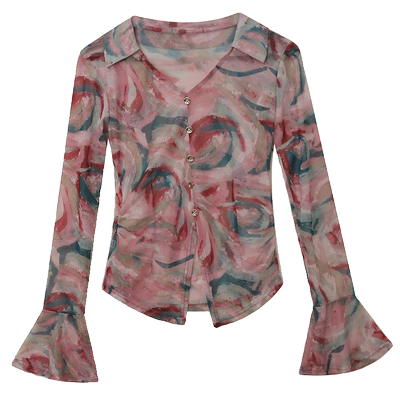 时尚印花网纱打底衫长袖洋气上衣