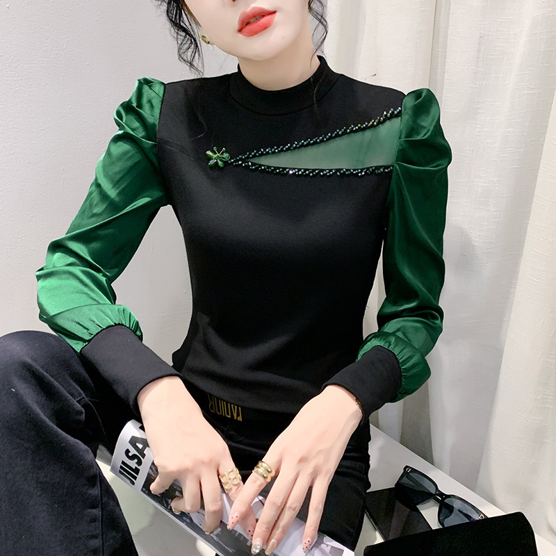 半高领打底衫女秋冬欧货时尚泡泡袖上衣修身洋气钉珠长袖T恤小衫