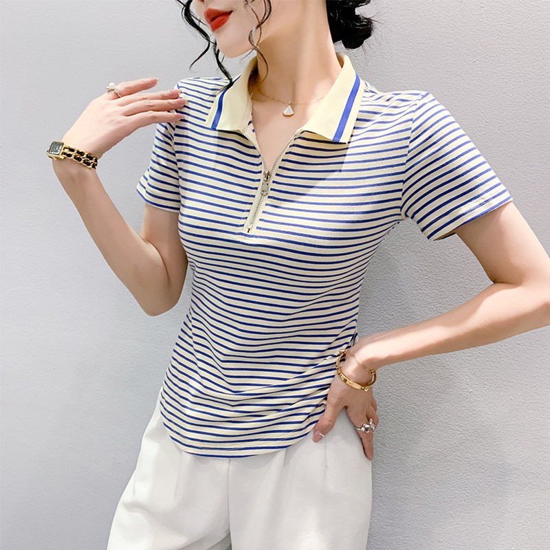 欧货拉链polo领t恤女短袖夏装时尚条纹洋气上衣修身半袖体恤小衫