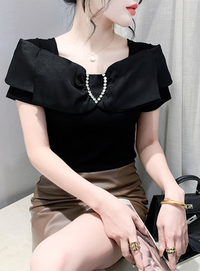 性感一字肩T恤女短袖夏装欧货设计感蝴蝶结上衣洋气修身半袖小衫