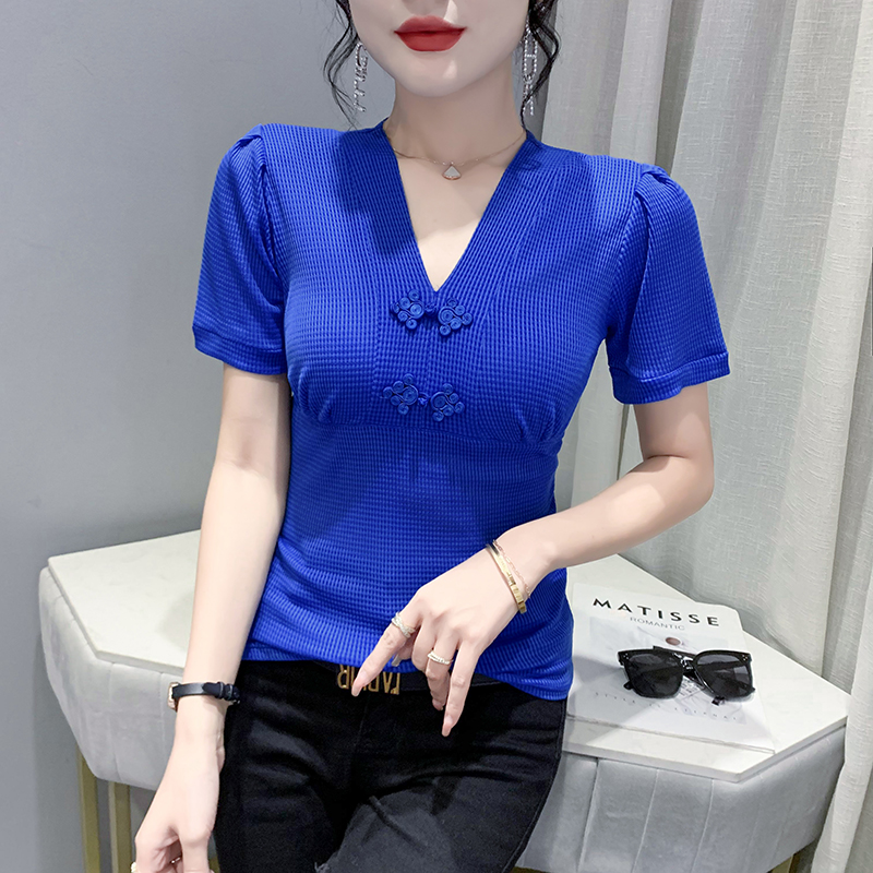 时尚盘扣V领网纱短袖t恤女夏设计感洋气上衣修身百搭性感蕾丝小衫