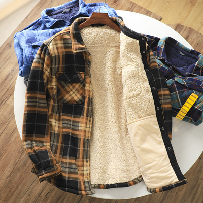 出口单！加绒加厚！秋冬男士防风保暖羊羔绒内里加绒格子衬衫外套