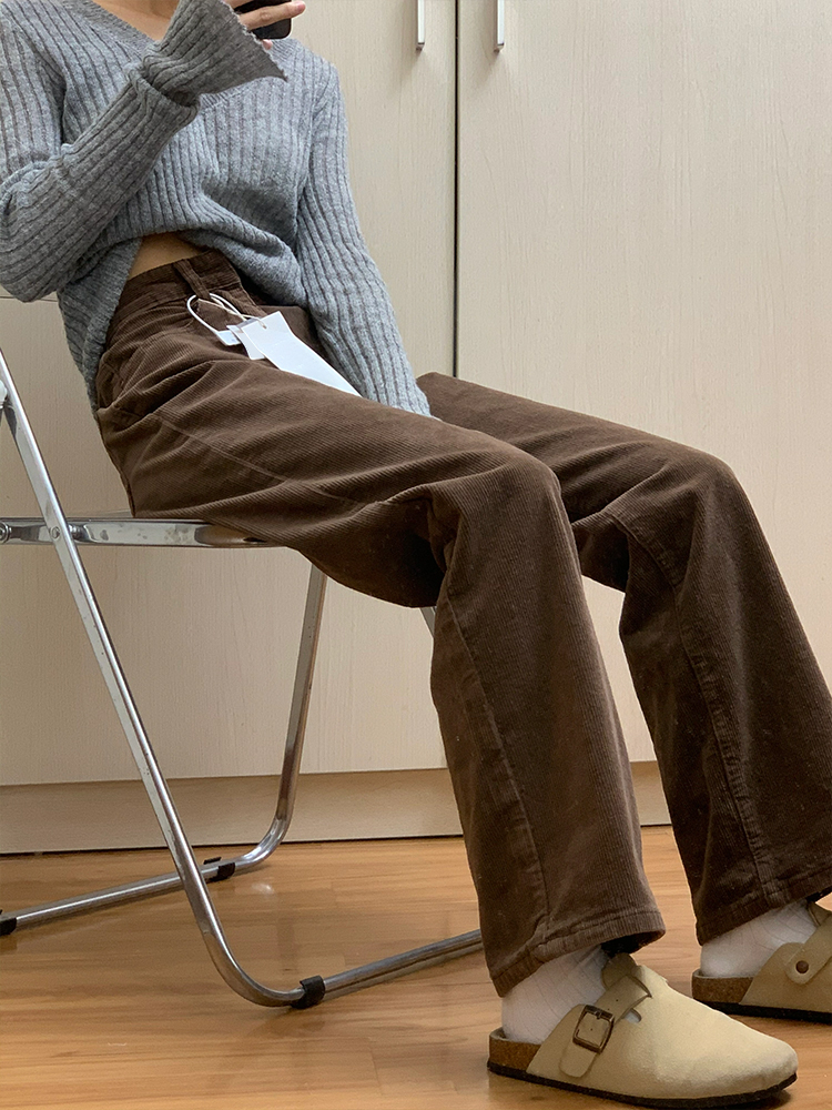 咖色阔腿灯芯绒裤女秋冬小个子高腰显瘦休闲加绒厚窄版直筒拖地裤