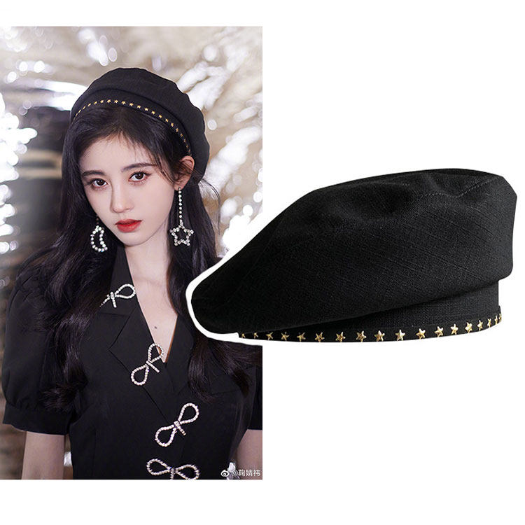 画家帽女鞠婧祎同款帽子黑色星星装饰时装帽文艺复古百搭潮贝雷帽