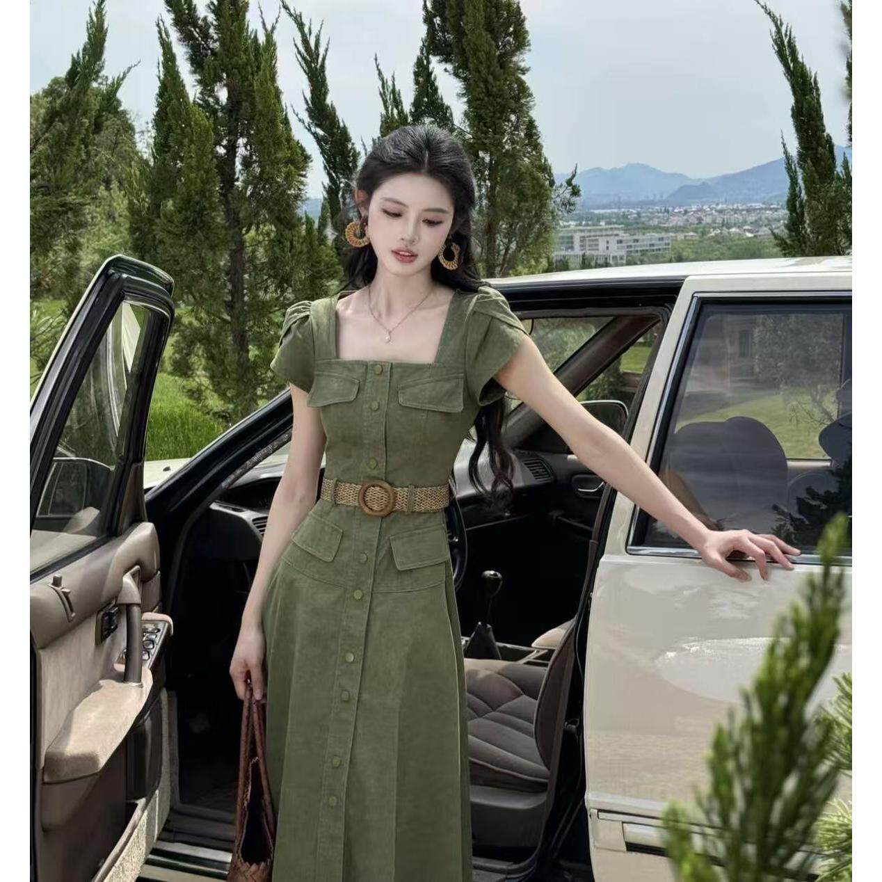 冷萃盛夏复古绿色仿牛仔连衣裙女夏收腰气质a字长裙