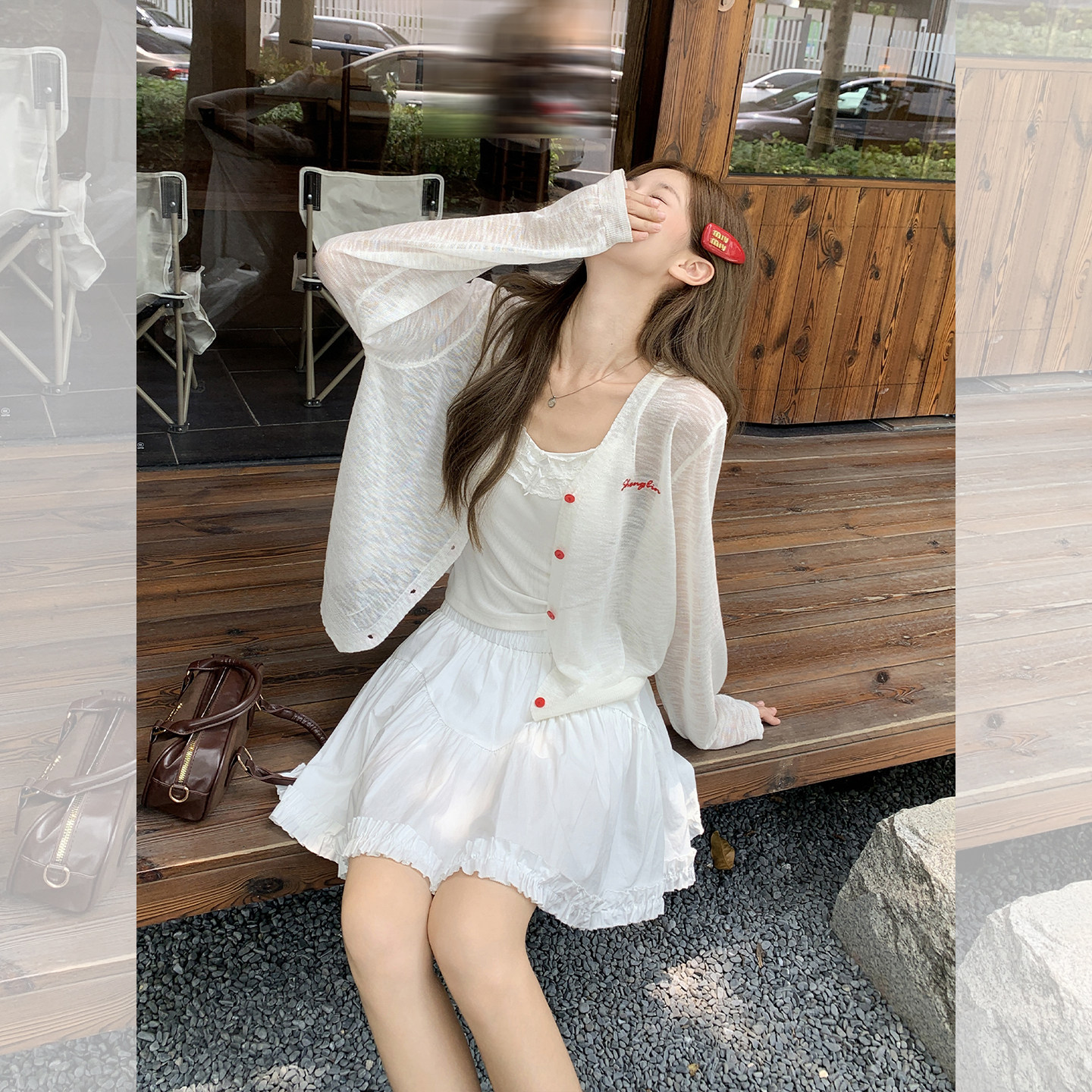 实拍实价白色薄款微透字母印花针织罩衫女新款小众设计感绝美上衣