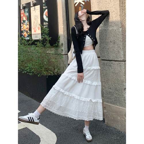 实拍白色半身裙女夏季2025新款高腰a字蕾丝宽松蓬蓬加长款蛋糕裙