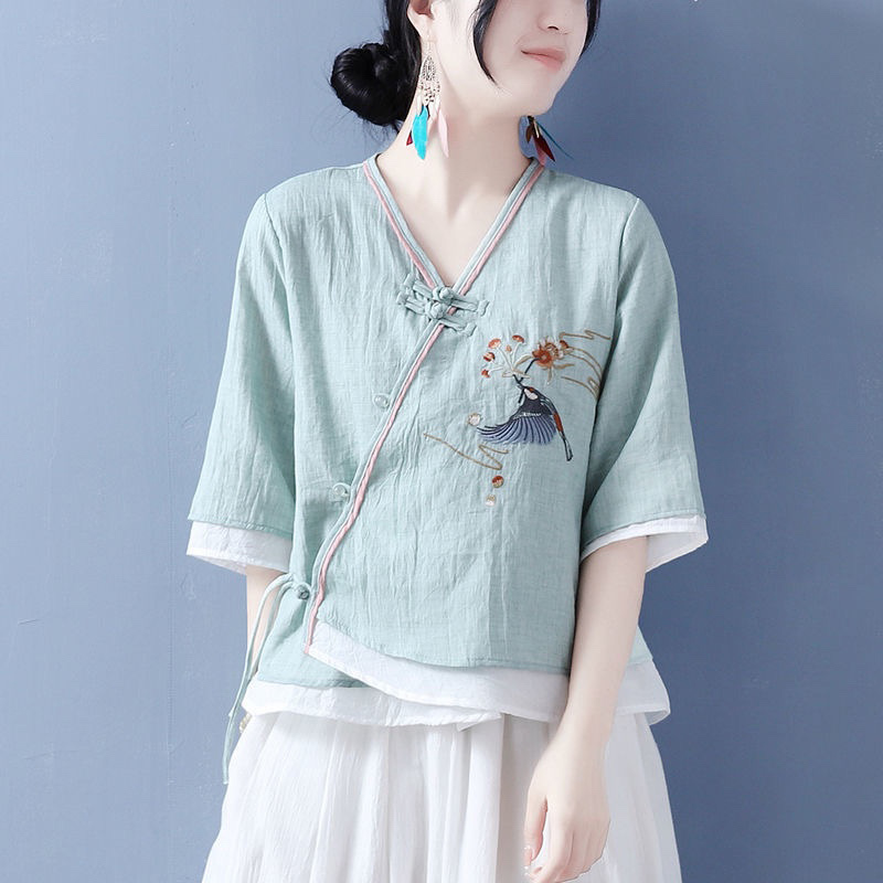 棉麻衬衫女短袖夏季薄款2025新款大码设计感小众休闲v领衬衣上衣