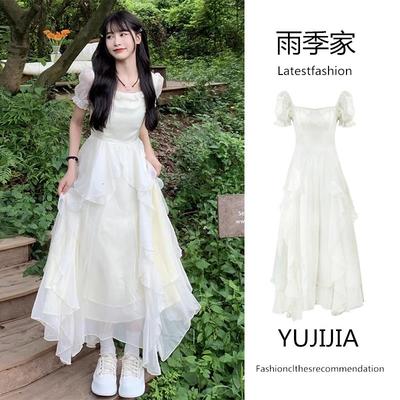 大码夏装新款法式方领温柔风白色连衣裙子女胖mm收腰显瘦仙女长裙
