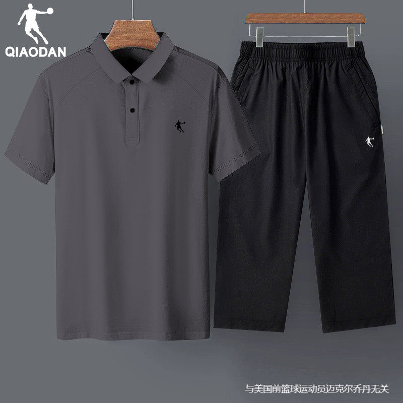 乔丹运动套装男2025新款夏季透气短袖T恤POLO衫七分裤男裤两件套