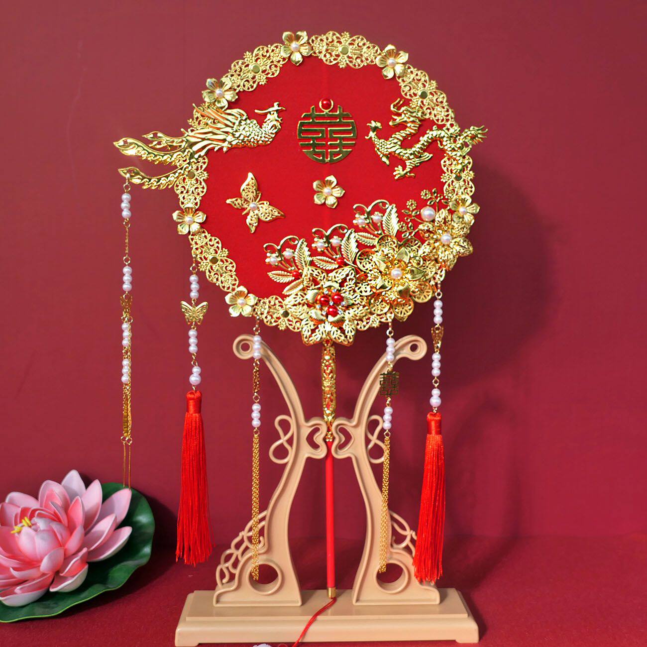 双面团扇高级感中式结婚礼喜扇团扇刺绣长柄古风宫扇DIY材料包。_虎窝淘