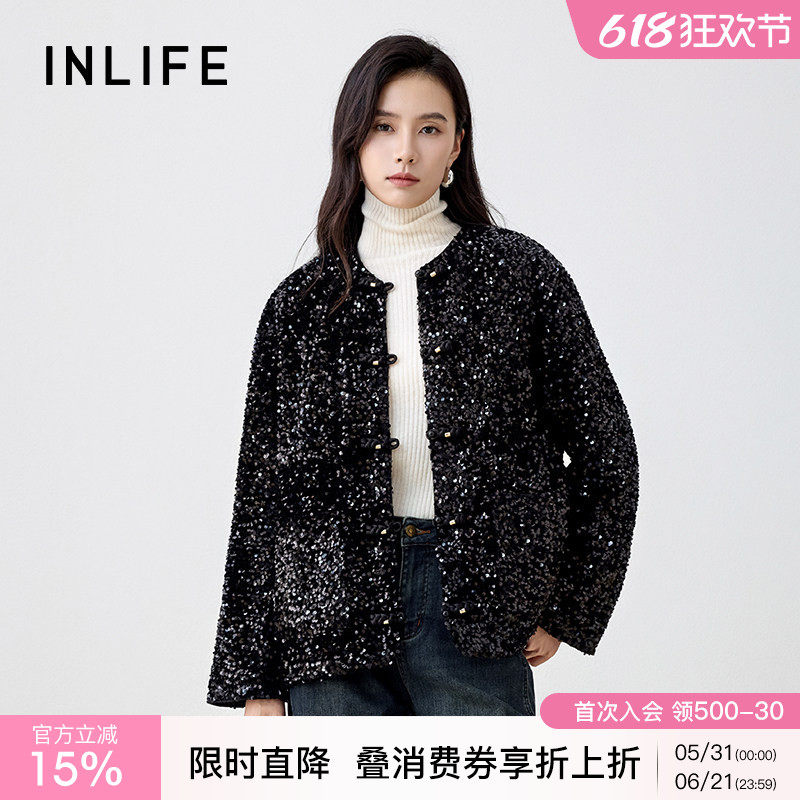 伊纳芙国风亮片圆领鸭绒羽绒服女冬季新款高级感气质宽松保暖外套