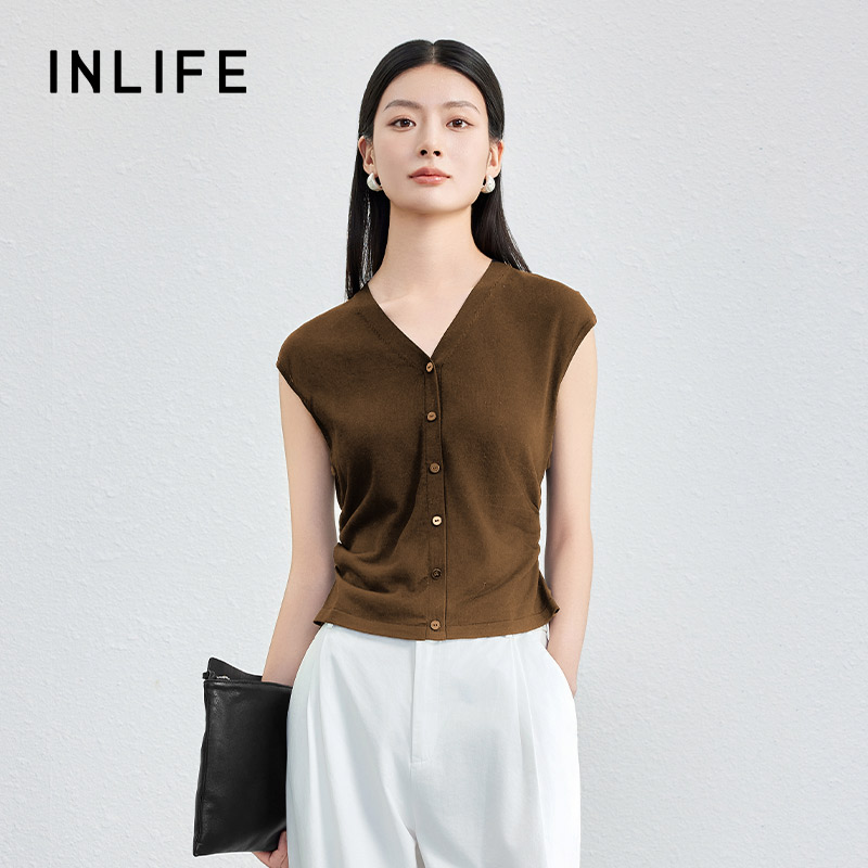 伊纳芙薄款v领无袖收腰针织衫