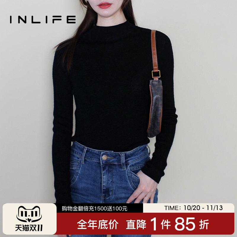 伊纳芙百搭半高领绵羊毛针织衫女秋冬新款修身打底衫气质温柔毛衫