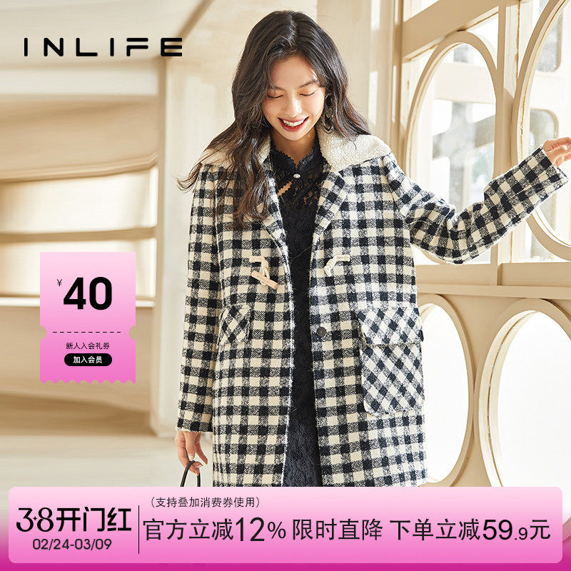 inlife伊纳芙毛呢外套2025冬新款黑白格高级感超好看的中长款大衣