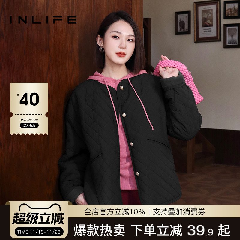 inlife复古短款保暖加厚菱格棉服