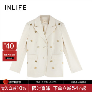 时尚 新款 通勤休闲宽松白色西服 外套女冬季 伊纳芙高级气质烫钻西装