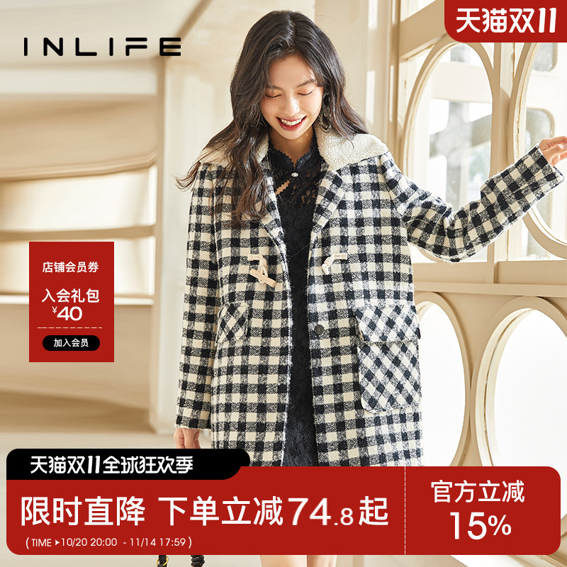 inlife伊纳芙毛呢外套2025冬新款黑白格高级感超好看的中长款大衣