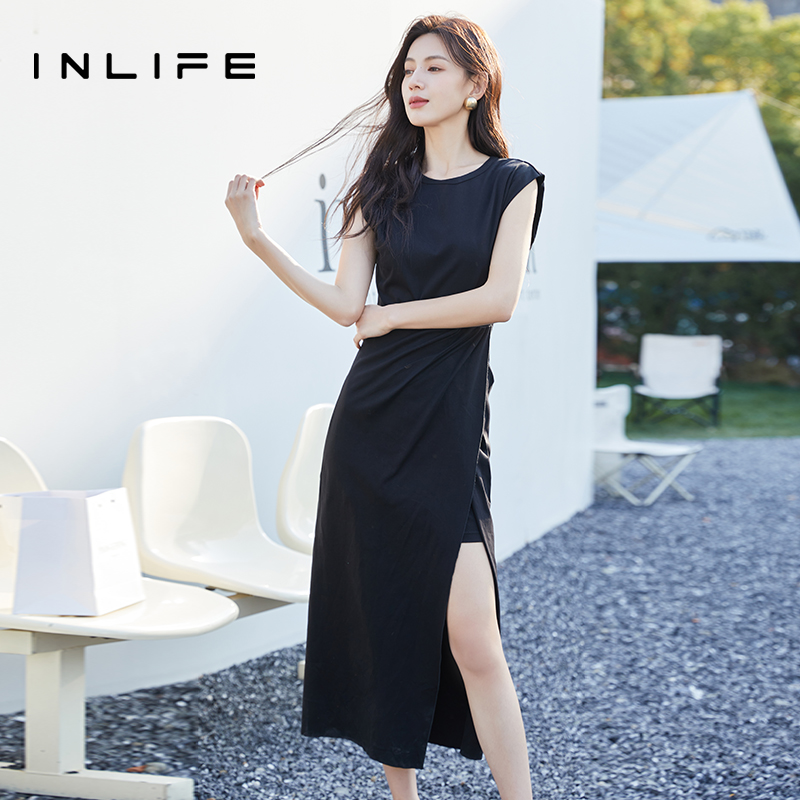 inlife赫本风高腰收腰开叉连衣裙