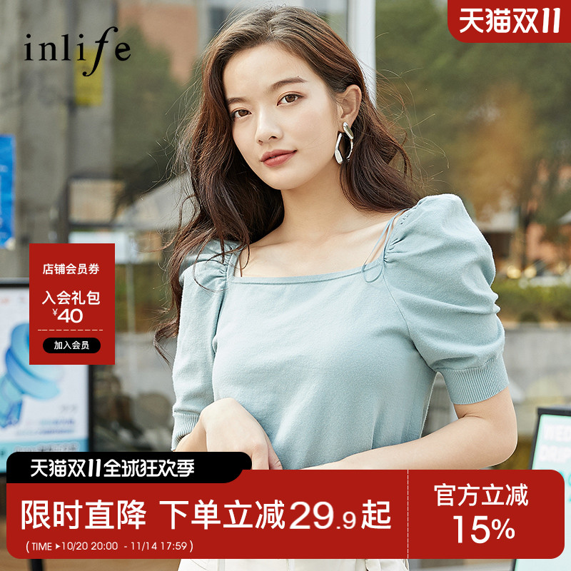 inlife气质薄款短袖方领针织衫女