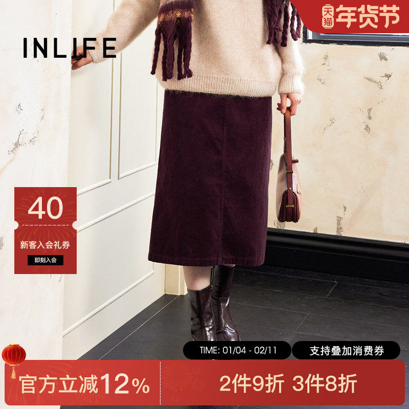 伊纳芙复古高腰灯芯绒半身裙女冬季新款高级气质开叉直筒裙包臀裙,女装/女士精品,半身裙,淘宝优惠券,粉丝福利购,淘宝优惠卷